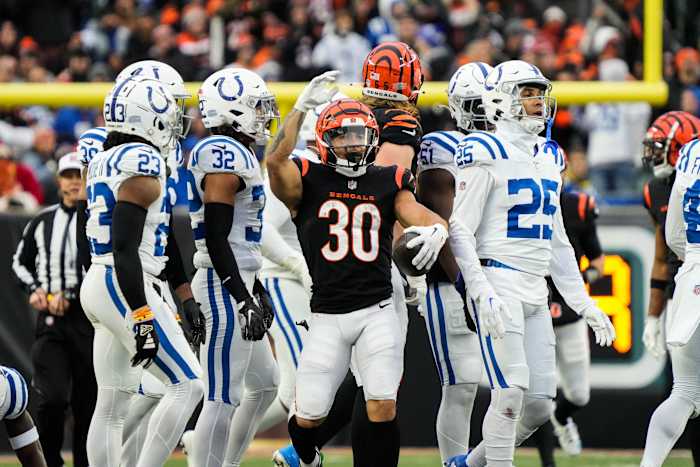 Bengals halfback Chase Brown (30) celebrates after a play during the second half of the Bengals vs. Colts game at Paycor Stadium on Sunday December 10, 2023. Bengals won the game with a final score of 34-14.  